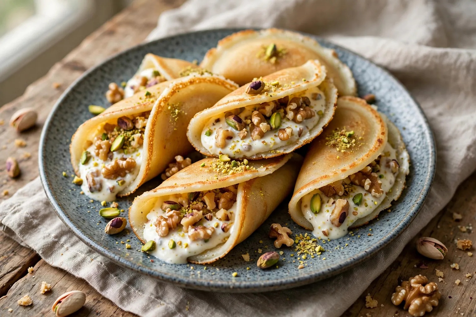 Un plato de qatayef, tortitas dobladas rellenas de frutos secos y crema