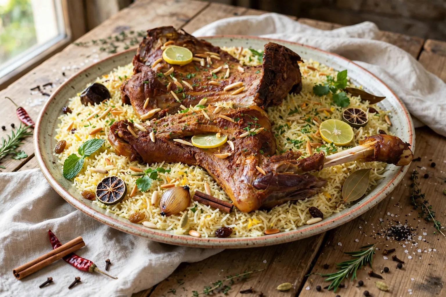 Haneeth, cordero asado lentamente sobre arroz en una fuente grande
