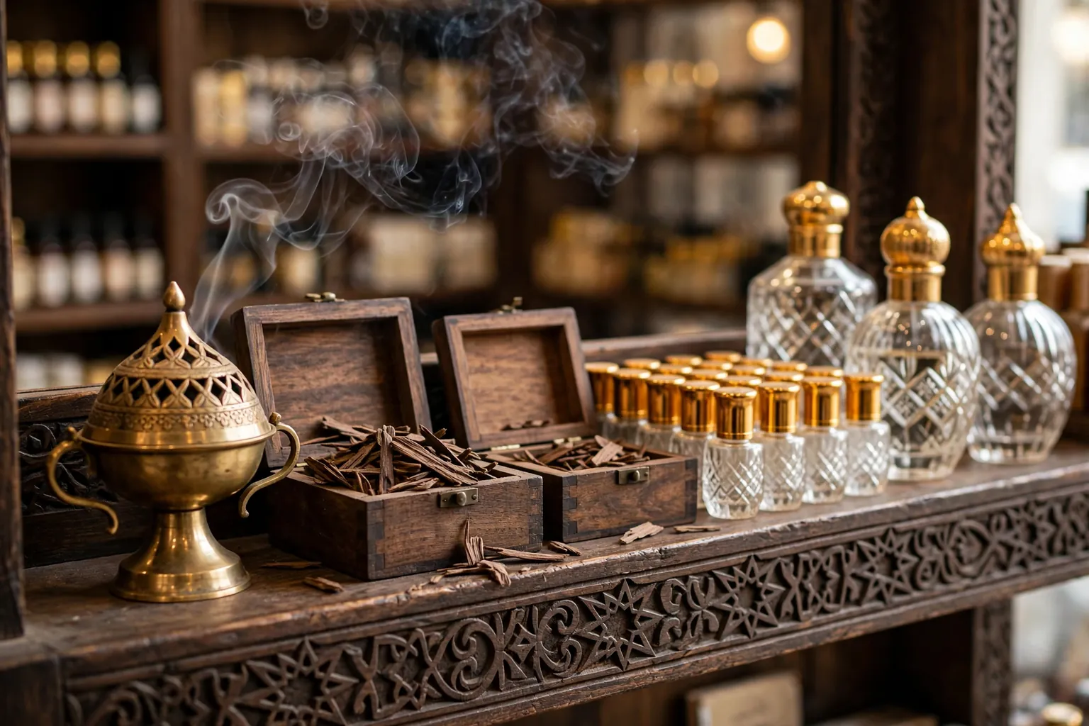Botol attar kristal dengan tutup berlapis emas, pembakar dupa kuningan, dan kotak kayu berisi serpihan oud di atas rak kayu berukir