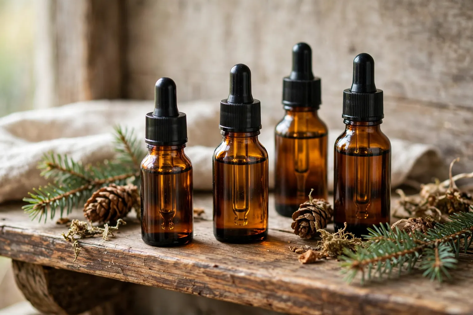 Botol kecil minyak balsam berwarna ambar di atas rak kayu